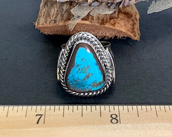 Bisbee Turquoise Ring size 7. 925 Sterling Silver, Navajo made and signed