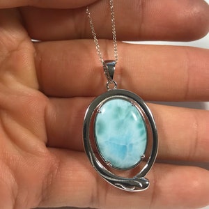 Real AAA Larimar Stone Inlay 925 Sterling Silver Pendant & 18&#39;&#39; silver Necklace. Receive exact item