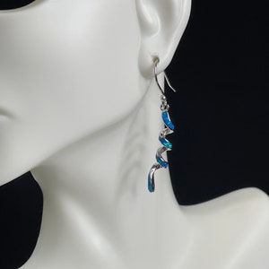 Blue Fire Opal Inlay 925 Sterling Silver Curly Earrings. Free ship in The USA