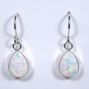 7x10mm Teardrop White Fire Opal Genuine 925 Sterling Silver Dangling Earrings - Made In USA