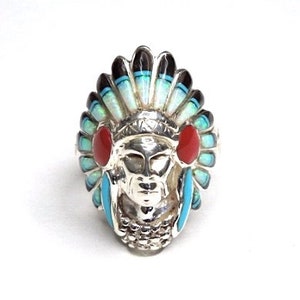 Chief Men&#39;s Ring Multicolor & Fire Opal Inlay 925 Silver Sz 8.5, 11, 11.5