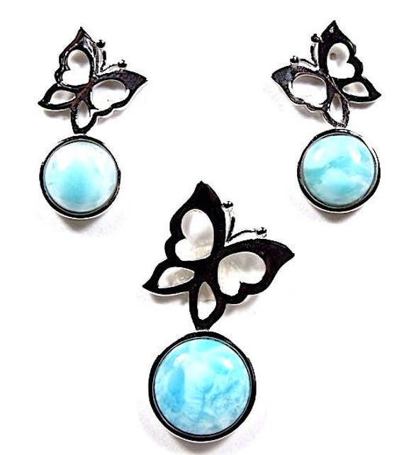 Authentic AAA Larimar 925 Sterling Silver Butterfly Necklace Pendant & Earrings Set. Free 18'' silver chain