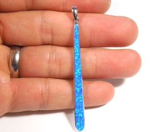 Blue Fire Opal Inlay Solid 925 Sterling Silver Pendant Necklace 2.5'' long