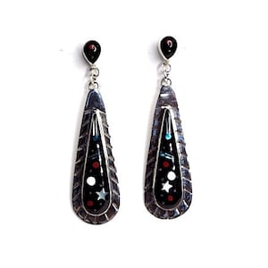 Micro Inlay 925 Sterling Silver Post Dangle Galaxy Earrings. 2-1/8&#39;&#39; long