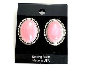 Oval Pink Conch stud earrings, 925 Sterling Silver, Handmade earrings