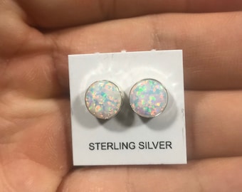 8mm Round White Fire Opal Genuine 925 Sterling silver stud post earrings - Made in USA