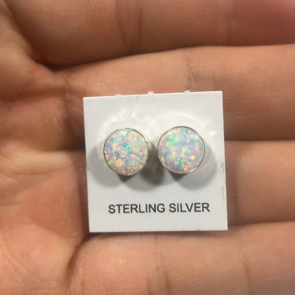 8mm Round White Fire Opal Genuine 925 Sterling silver stud post earrings - Made in USA