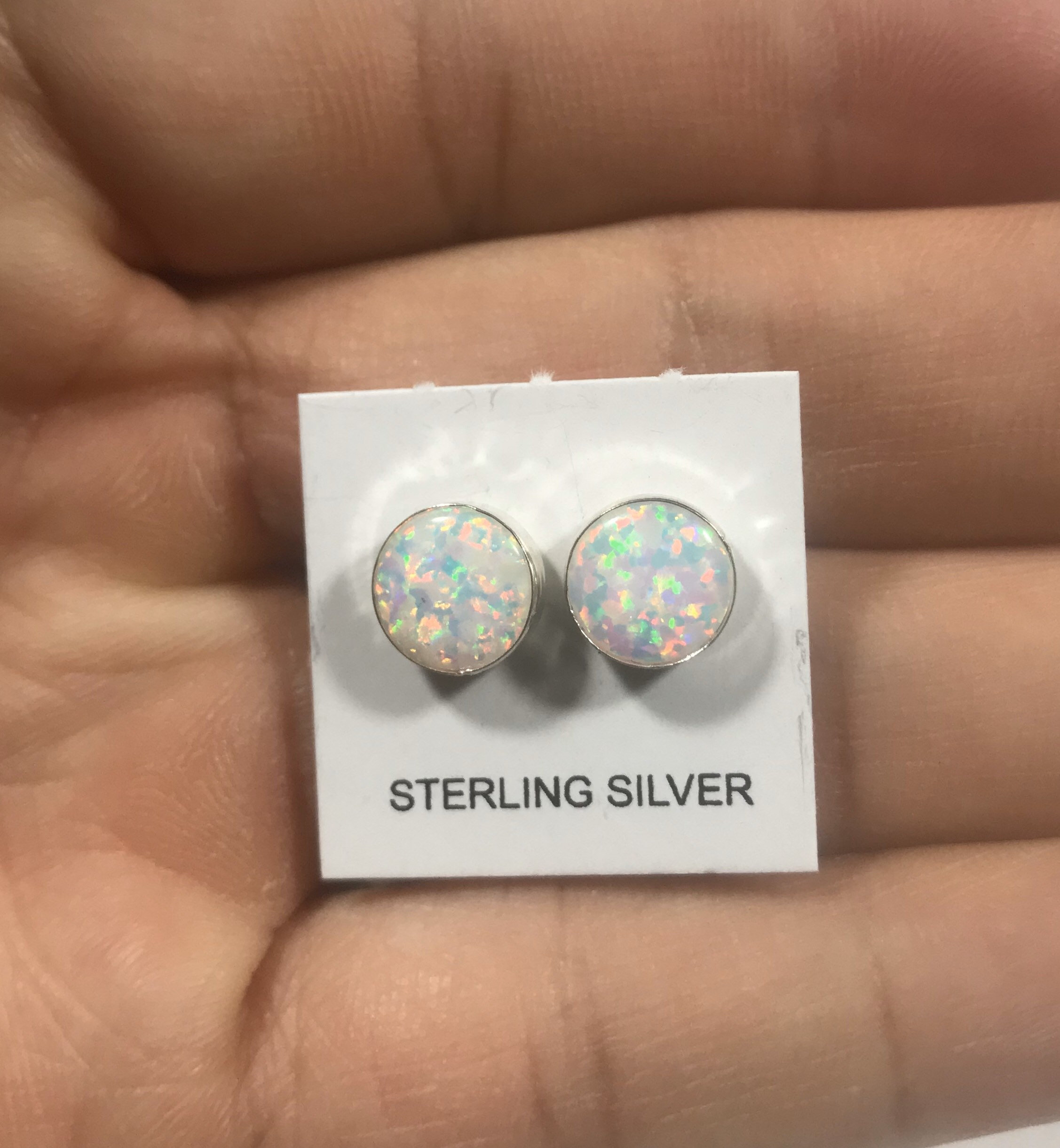 Round White Fire Opal 925 Sterling silver stud post earrings 5mm Made in USA