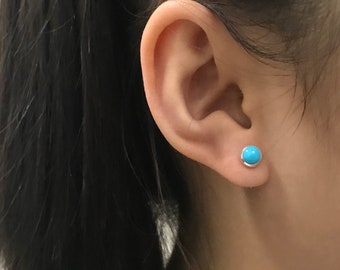 Handmade 5mm Round Sleeping Beauty Turquoise Genuine 925 Sterling Silver Stud Post Earrings- Made in USA