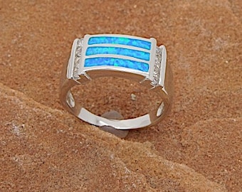 Anillo de plata de ley 925 sólida con incrustaciones de ópalo de fuego azul de alta calidad para hombres y mujeres, tamaños de anillo 7, 7.5, 8.5