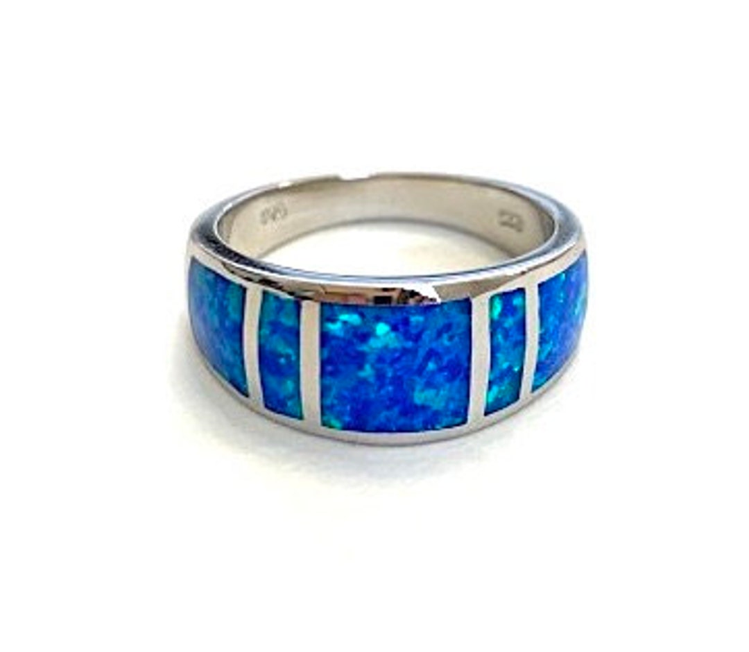 Blue Fire Opal Inlay Ring – Genuine 925 Sterling Silver – Men's Or Women's Sizes 6-10