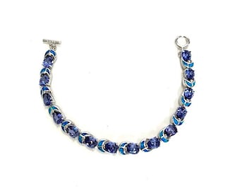 Tanzanite & Blue Fire Opal Real 925 Sterling Silver Link Tennis Bracelet 7.5'' long.