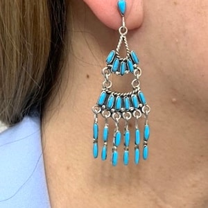 Sleeping Beauty Turquoise, Petit point, 925 Sterling Silver Chanderlier Earrings 2.5&#39;&#39; long