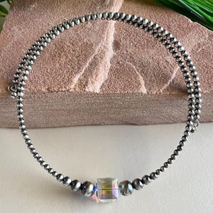 Handmade 3 mm Navajo Perle Sterling Silber und Kristall Memory Choker Halskette