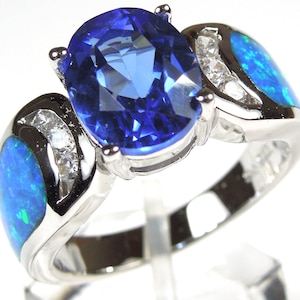Tanzanite & Blue Fire Opal Inlay 925 Sterling Silver Ring Size 6 - 9