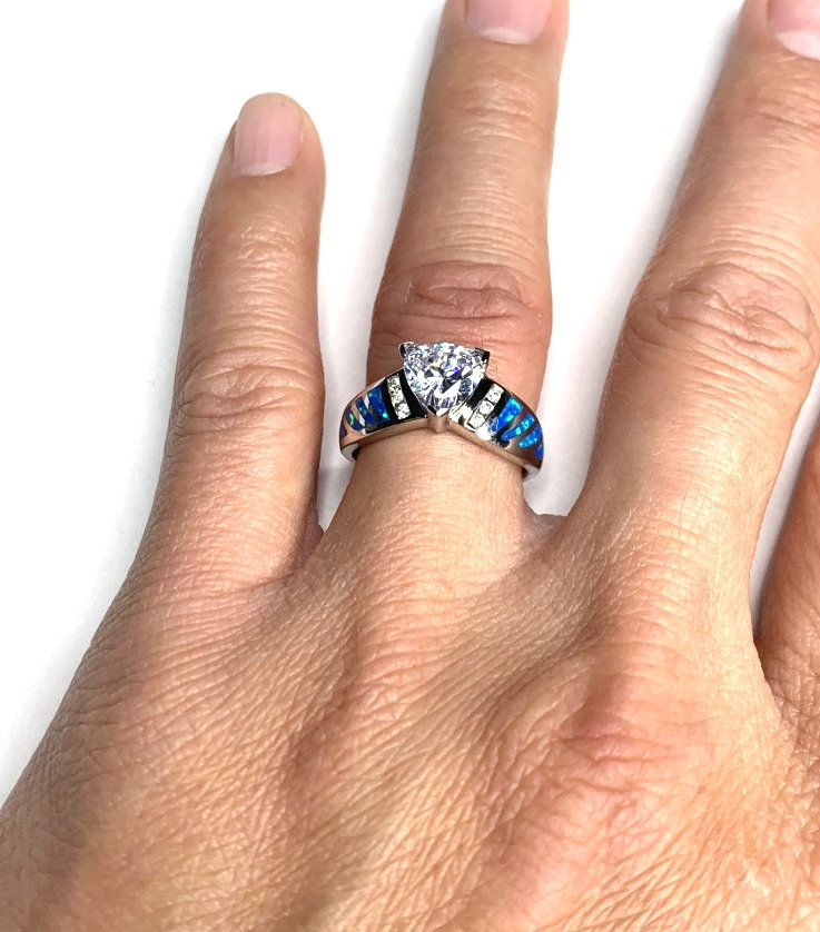 Blue Inlay Fire Opal & Topaz Ring Size 6,7,8,9, Genuine 925  display picture 1