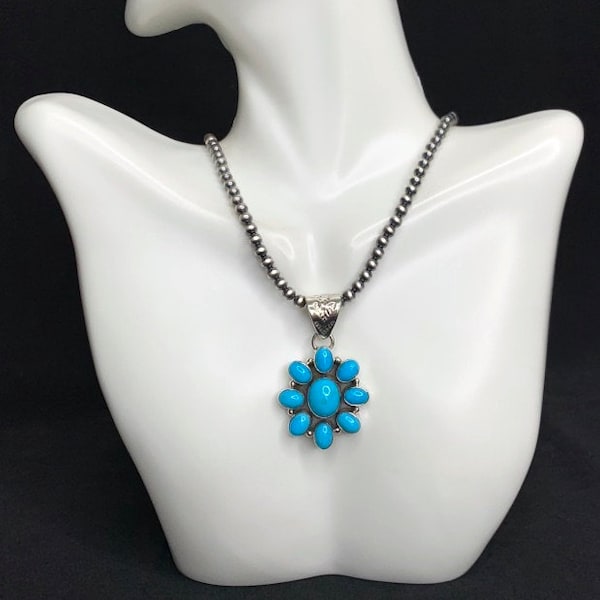 Sleeping Beauty Turquoise Cluster Pendant. Navajo Made 925 Sterling Silver. Chain is not include.