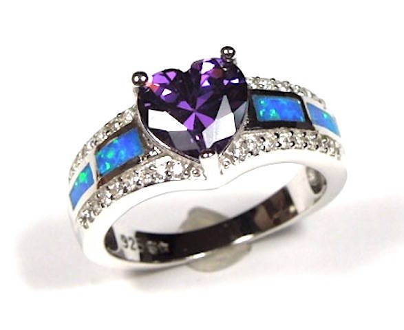 Carats Heart Amethyst Blue Fire Opal 925 Sterling Silver Ring