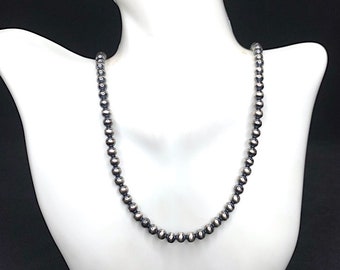 Collar de perlas navajo de 6 mm y plata de ley, hecho a mano, de 40,6 cm de largo.