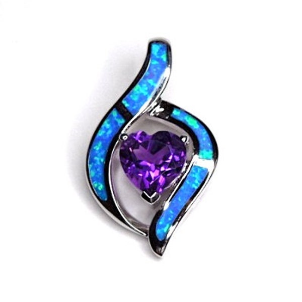 Heart Amethyst & Blue Fire Opal Inlay Solid 925 Sterling Silver Pendant Necklace