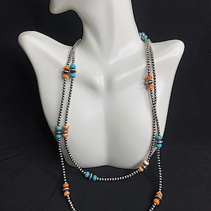 1 Strand Genuine Multistones, Turquoise and Navajo Pearl Bead Sterling Silver Necklace 40" Long