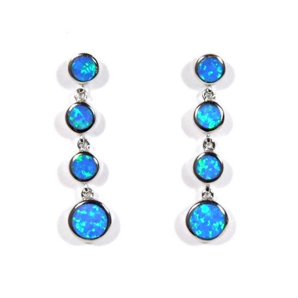 Blue Fire Opal Inlay Solid 925 Sterling Silver Dangling Post Earrings 1 1/4" long. Free ship in The USA