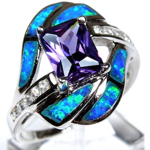 Sterling Silver Amethyst & Blue Fire Opal Inlay Ring Size 6 - 9