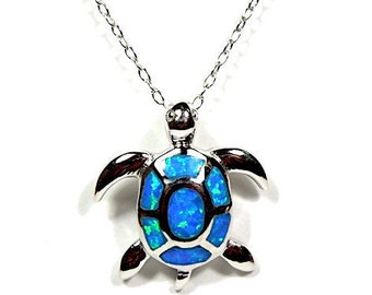 925 Sterling Silver 18" Necklace with Blue Fire Opal Inlay Turtle Pendant