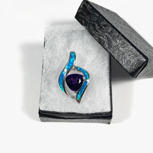 Amethyst & Blue Fire Opal Inlay Solid 925 Sterling Silver Pendant For Necklace