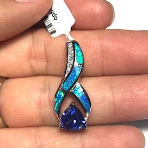 Trillion Cut Tanzanite & Blue Fire Opal Inlay Solid 925 Sterling Silver Pendant For Necklace