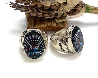 Genuine Multi Color Inlay 925 Sterling Silver Southwestern Men's Ring Size 9 or 10