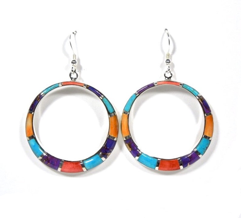 Large Multicolor Inlay 925 Sterling Silver Circle Earrings. - Etsy