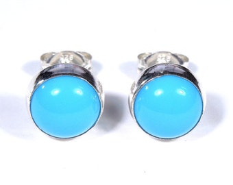 Handmade 8mm Round Sleeping Beauty Turquoise Genuine 925 Sterling Silver Stud Post Earrings- Made in USA