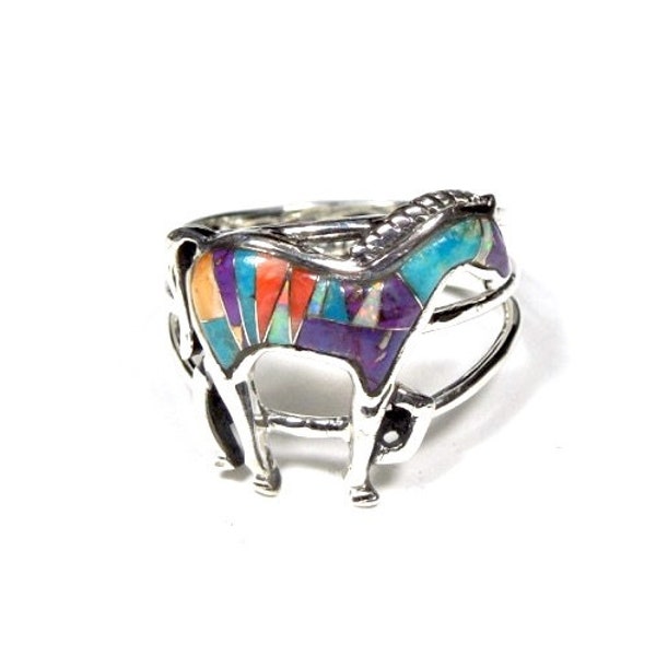 Multistones inlay Sterling Silver Horse Ring size 6,7,8,9