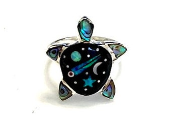 Multistones Galaxy inlay 925 Sterling Silver Turtle Ring size 6-8. Ship within 24 Hours.