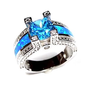 1.50 Carats Blue Topaz Blue Fire Opal Solid 925 Sterling Silver Ring Size 6,7,8,9