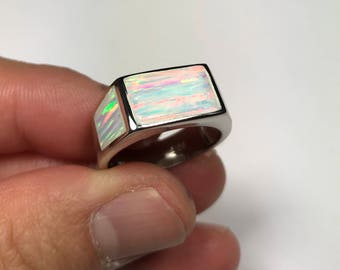 High Quality White Fire Opal Inlay Solid 925 Sterling Silver Men's Ring Size 9.5 - 12