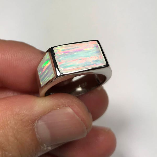 High Quality White Fire Opal Inlay Solid 925 Sterling Silver Men's Ring Size 9.5 - 12