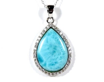 100/% Genuine AAA Dominican Larimar & White Topaz 925 Sterling Silver Pendant 18'' Necklace