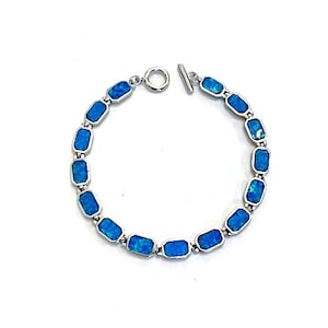 Blue Fire Opal inlay 925 Sterling Silver Link Tennis Bracelet 7.5&#39;&#39; long. New arrival