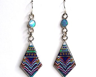 Multi color Micro Inlay 925 Sterling Silver Dangle Earrings. 2.5'' long. Ship within 24 Hours