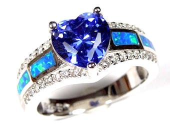 2 Carats Tanzanite Heart & Blue Fire Opal 925 Sterling Silver Ring Sizes 6,7,8,9