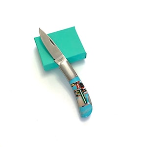 Small Single Blade Pocket Knife with Multicolor Inlay & Turquoise, Folding knife 5&#39;&#39; Long Open.