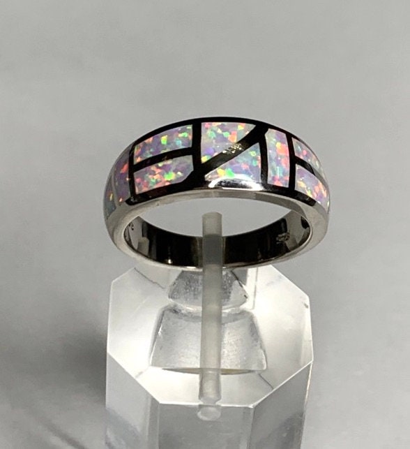 White Fire Opal Inlay Solid 925 Sterling Silver Band Ring size 7-8 