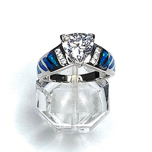 Blue Inlay Fire Opal & Topaz Ring Size 6,7,8,9, Genuine 925 Sterling Silver