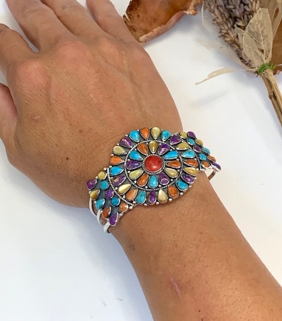 Genuine Multicolor & Turquoise 925 Sterling Silver Cuff