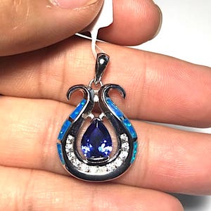 Tanzanite & Blue Fire Opal Inlay Solid 925 Sterling Silver Pendant For Necklace image 1