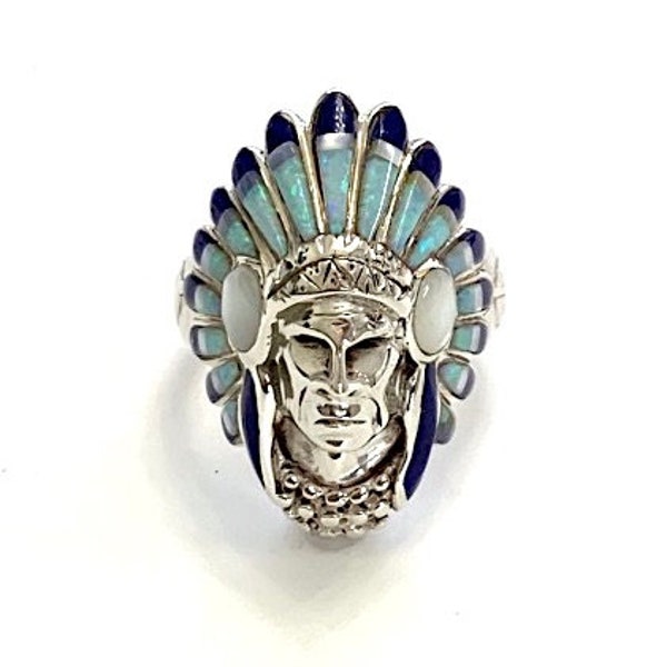 Large Indian Chief Men's Ring Multicolor Fire Opal Inlay 925 Silver Size 13