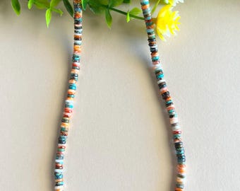 Spiny Oyster Shell and Turquoise Mixed Heishi Sterling Silver Necklace 17"