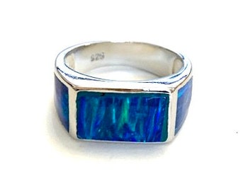 Rare Blue Fire Opal Inlay Solid 925 Sterling Silver Men&#39;s Ring Size 9-12. Free ship in USA